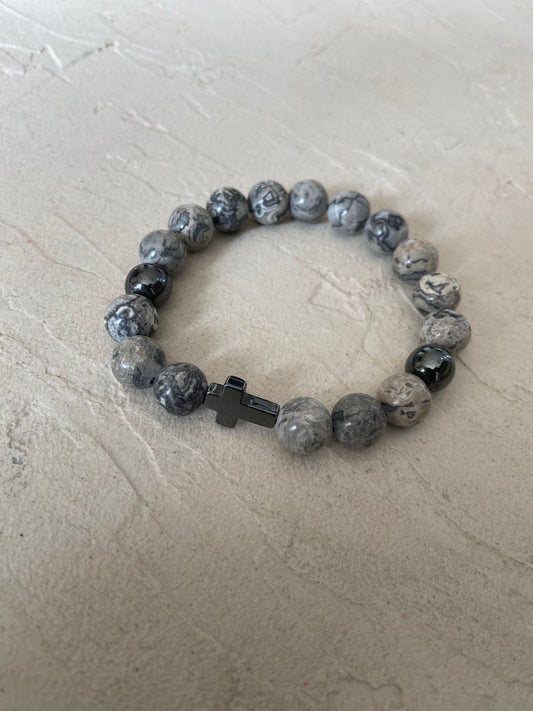 BRACELET CROIX MARBRE GRIS FONCÉ